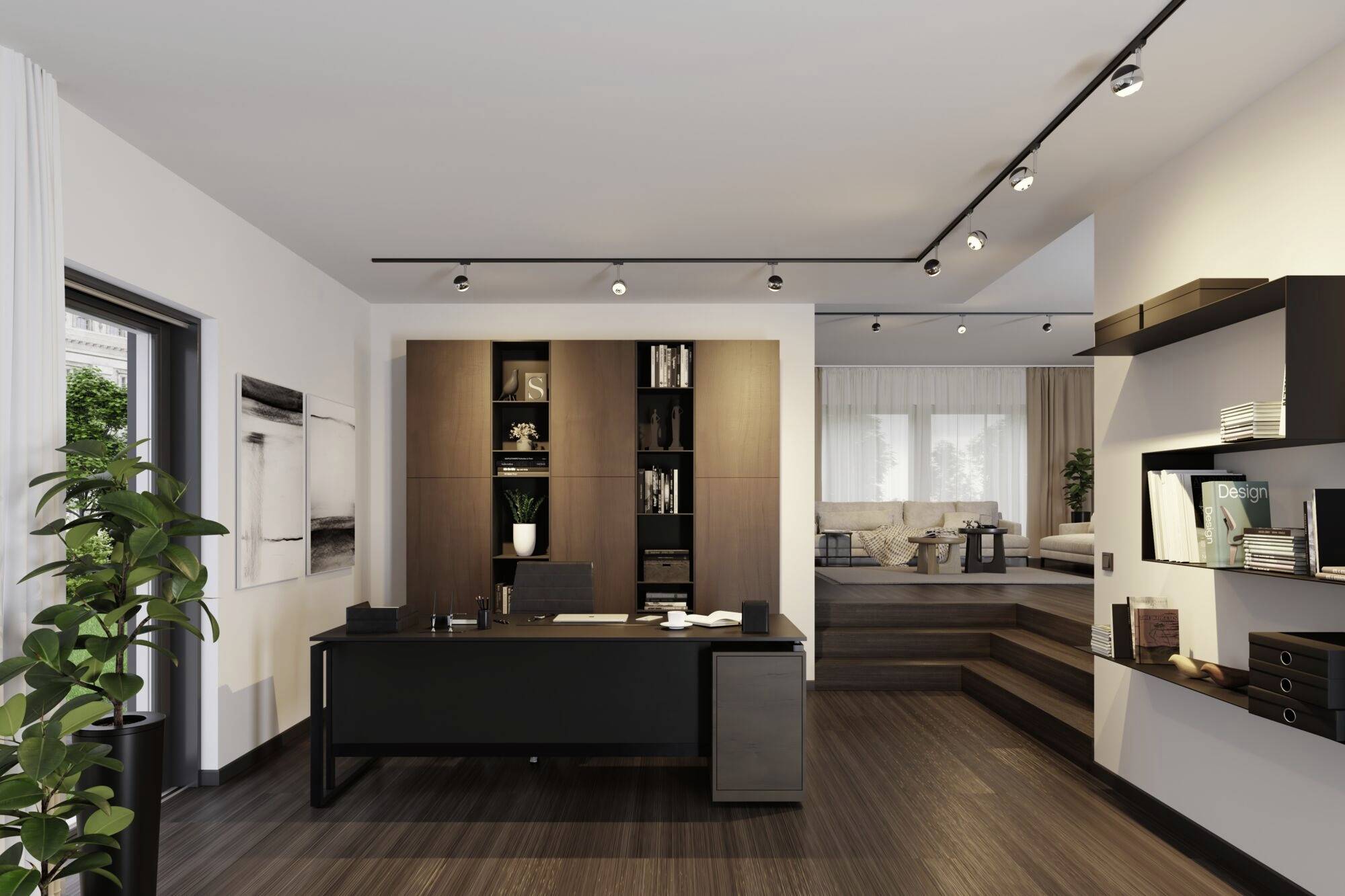 Nowoczesne domowe biuro z czarnym biurkiem, drewnianymi regałami i roślinami. W tle salon z kanapą i dużymi oknami.