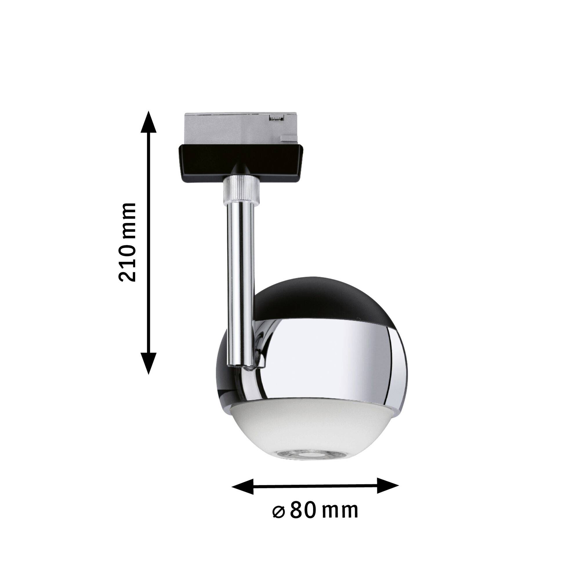 Chromowana lampa sufitowa z kulistym kloszem. Wymiary: wysokość 210 mm, średnica 80 mm.