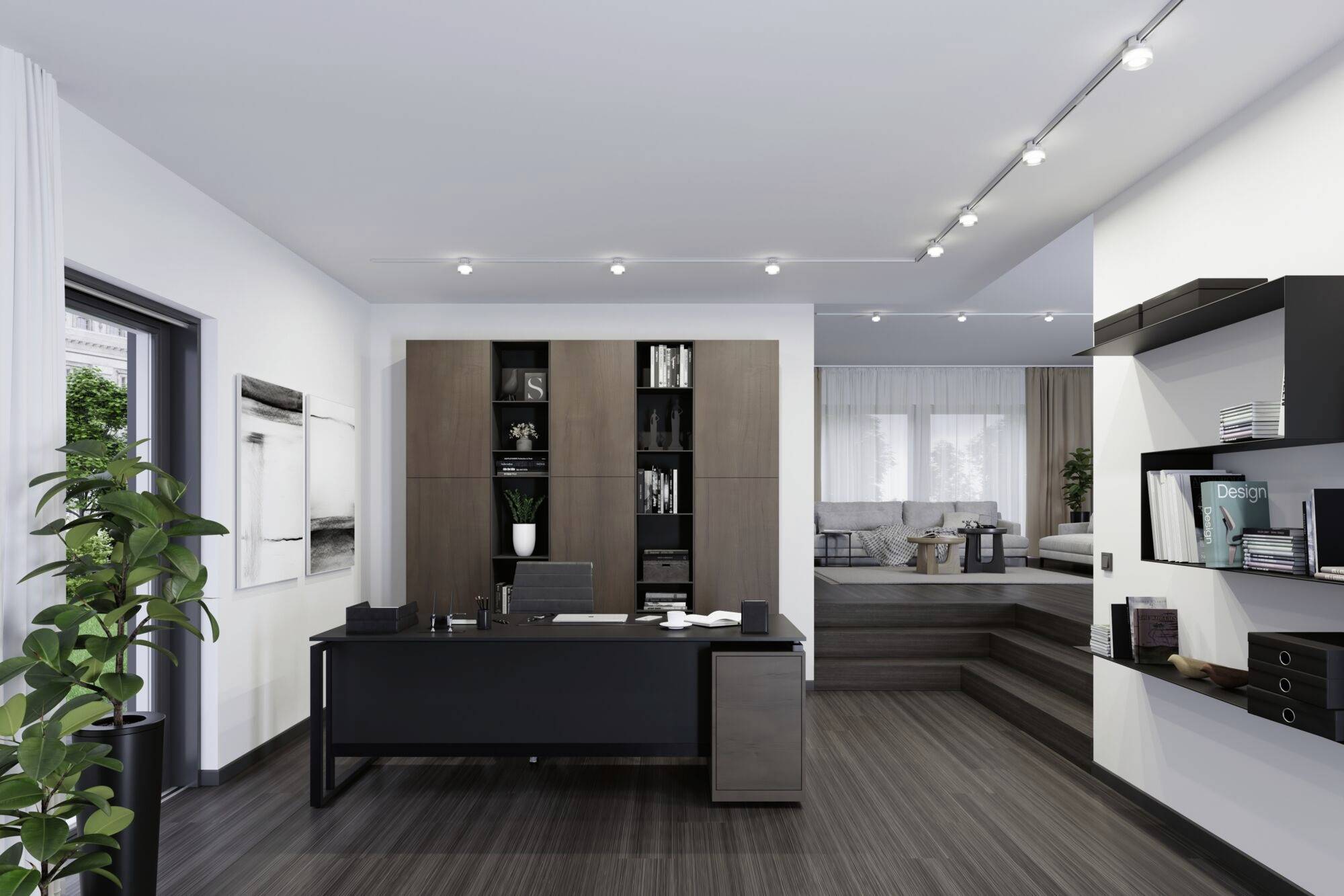 Nowoczesne biuro z ciemnobrązowym drewnianym biurkiem, regałami i roślinami. W tle salon na podwyższonym poziomie.