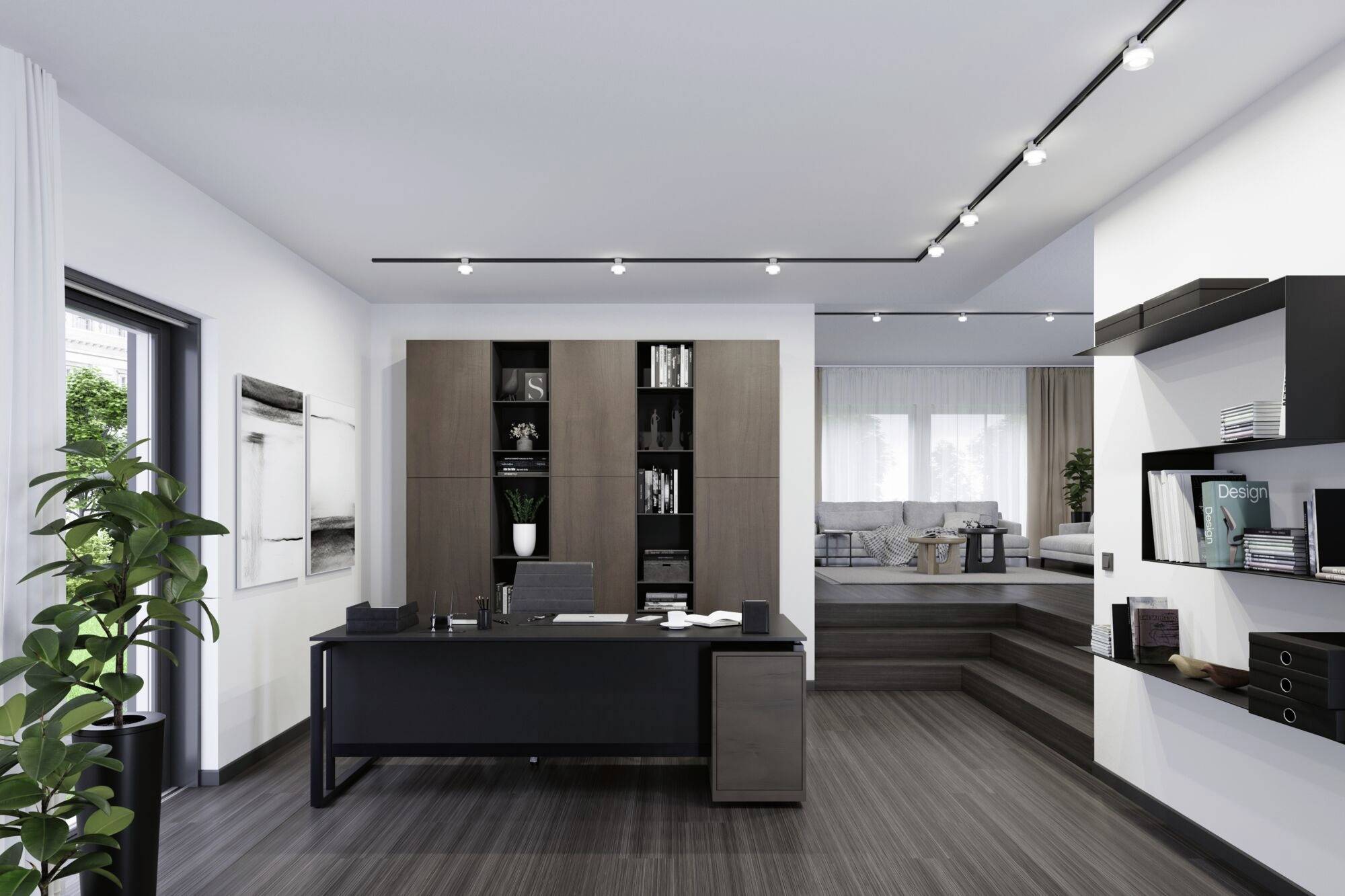 Nowoczesne biuro z ciemnym biurkiem i półkami na książki, światło dzienne wpadające przez okna, schody prowadzące do strefy wypoczynkowej w tylnej części pomieszczenia.