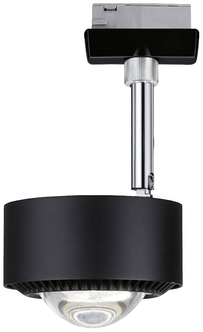 Czarna lampa sufitowa z cylindryczną obudową i przezroczystą dolną częścią, zamontowana na metalowym ramieniu z prostokątną nasadką.