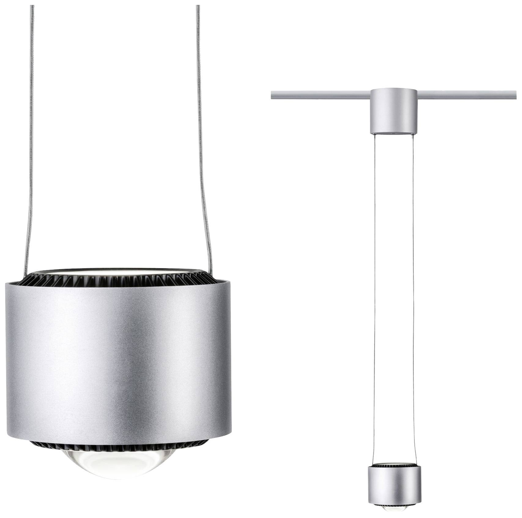 Nowoczesna srebrna lampa wisząca o cylindrycznym kształcie z przezroczystą środkową częścią, zamocowana na cienkich linkach.