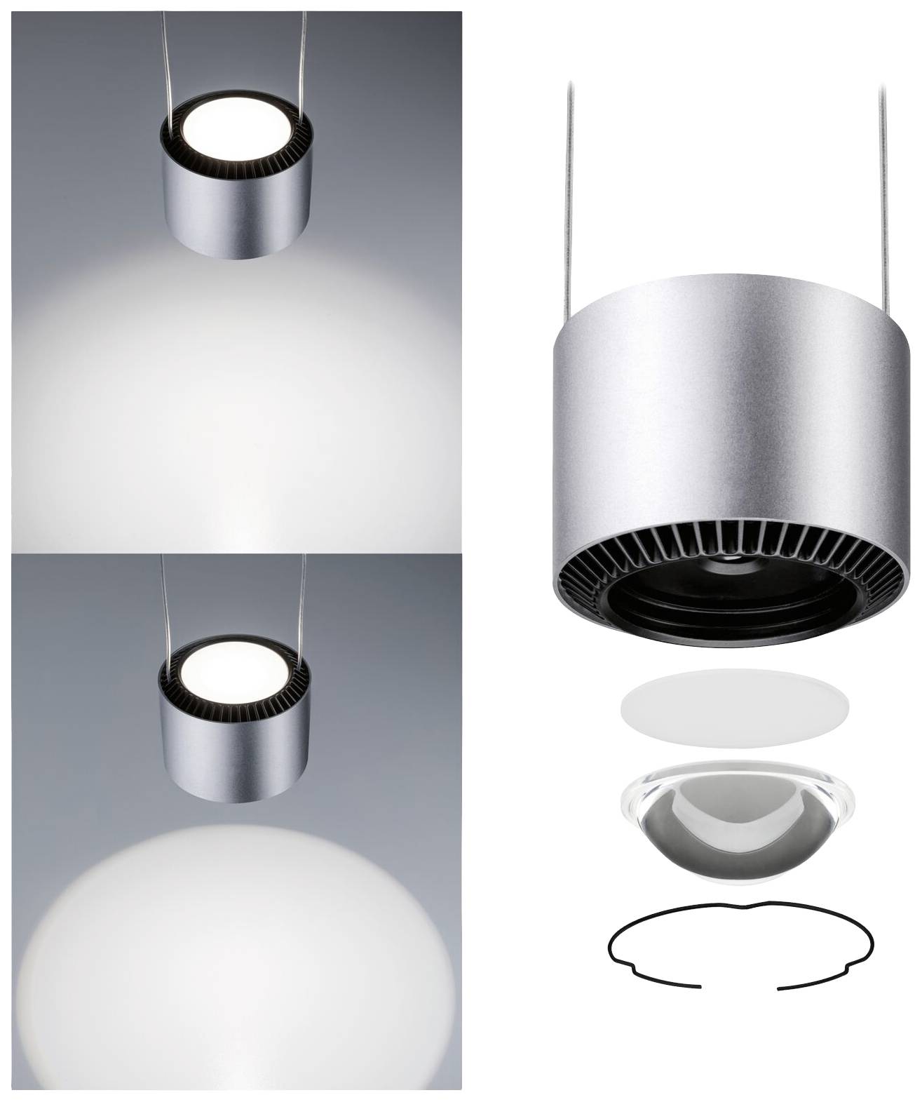 Lampa przemysłowa w nowoczesnym designie. Dwa widoki: jeden ze świecącą lampą, drugi z lampą wyłączoną. Dodatkowo rysunek rozstrzelony elementów składowych.