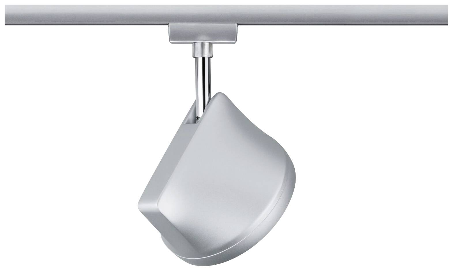 Lampa sufitowa, srebrzysta, zamontowana na szynie. Regulowana dla precyzyjnego oświetlenia. Nowoczesny design.