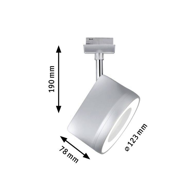 Srebrny reflektor LED o wymiarach 190 mm wysokości, 123 mm średnicy i 78 mm szerokości jest zamontowany na uchwycie.