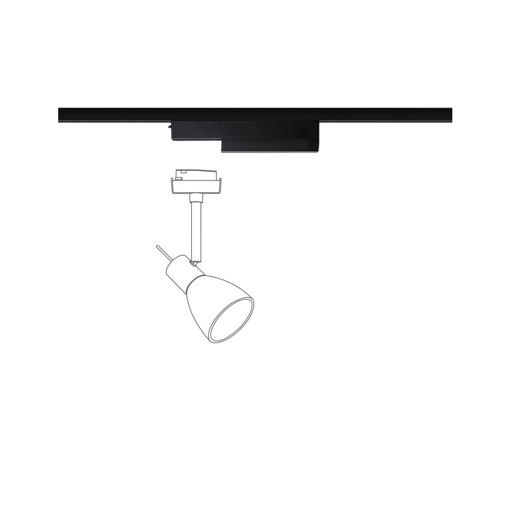 Oprawa punktowa wmontowana w czarną szynę, skierowana w dół. Odpowiednia do precyzyjnego oświetlenia wnętrz.