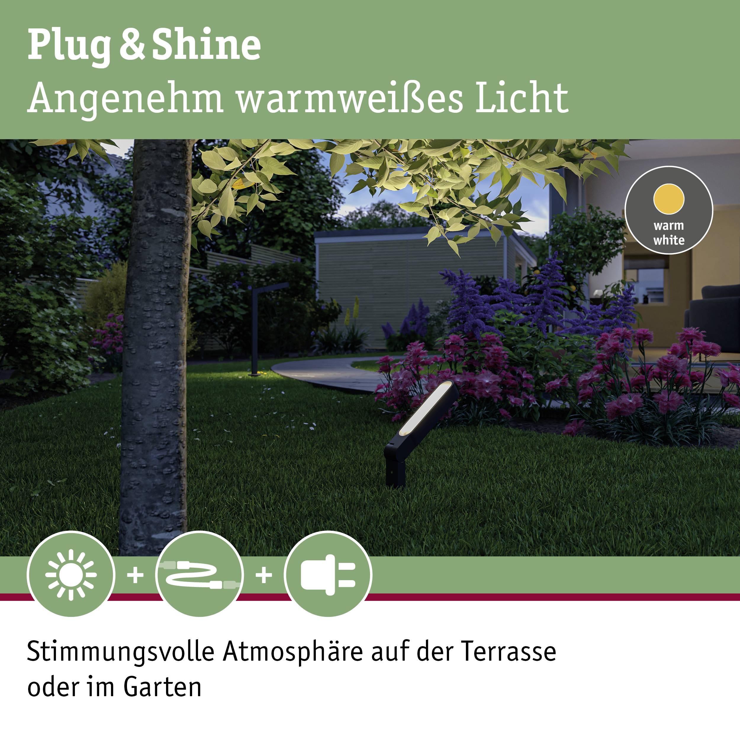 Plug & Shine oświetlenie ogrodowe z ciepłym białym światłem na tarasie, otoczone roślinami. Tekst u góry: 'Przyjemne ciepłe białe światło'.