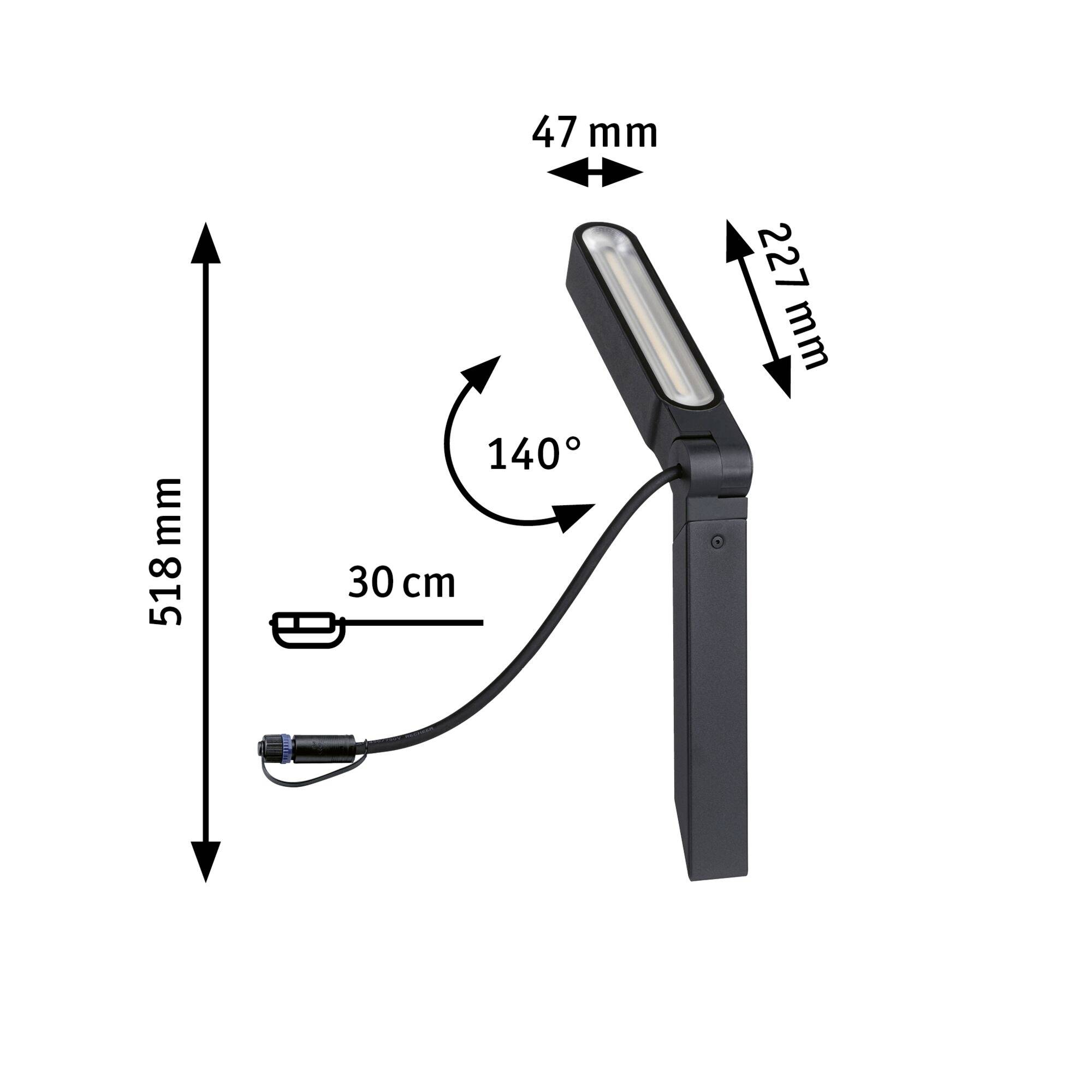 'Lampa LED o regulowanej wysokości 518 mm, możliwości nachylenia do 140° oraz szerokości 47 mm. Długość przewodu wynosi 30 cm.'