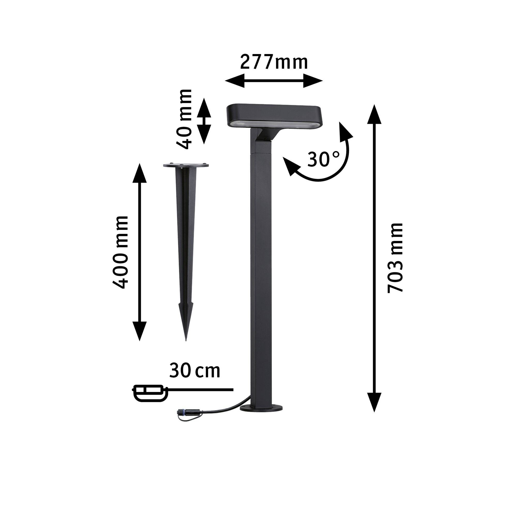 'Czarna lampa zewnętrzna ze wspornikiem gruntowym, całkowita wysokość 703 mm, szerokość 277 mm, kąt nachylenia 30°, wysokość wspornikiem gruntowego 400 mm, przewód 30 cm.'