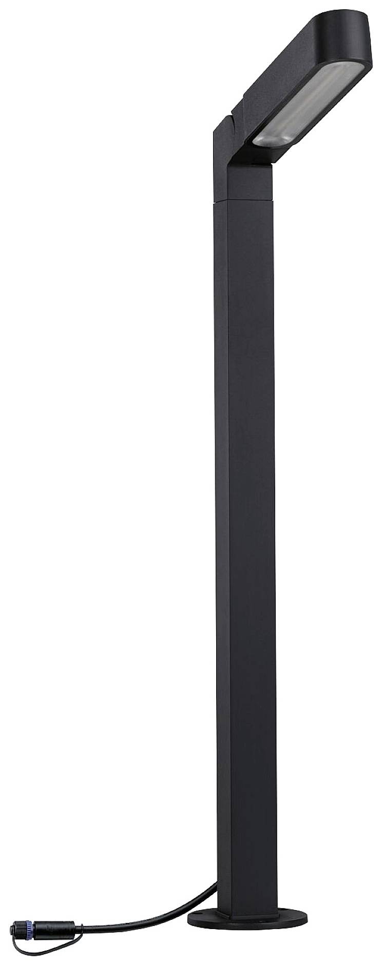 Nowoczesna, czarna lampa stojąca z prostokątnym abażurem i przewodem, odpowiednia do użytku na zewnątrz.