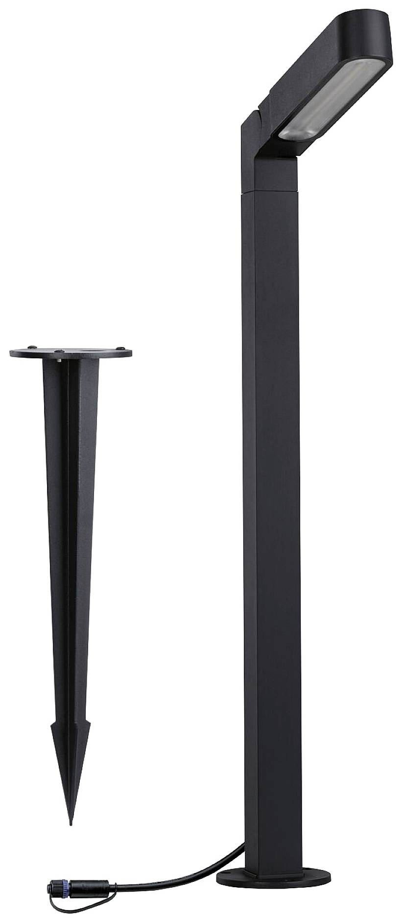 Czarna lampa LED do oświetlenia ścieżek z grotem do wbicia w ziemię, przeznaczona do użytku na zewnątrz, o smukłej konstrukcji, z zintegrowaną oprawą oświetleniową i przewodem zakończonym wtyczką.