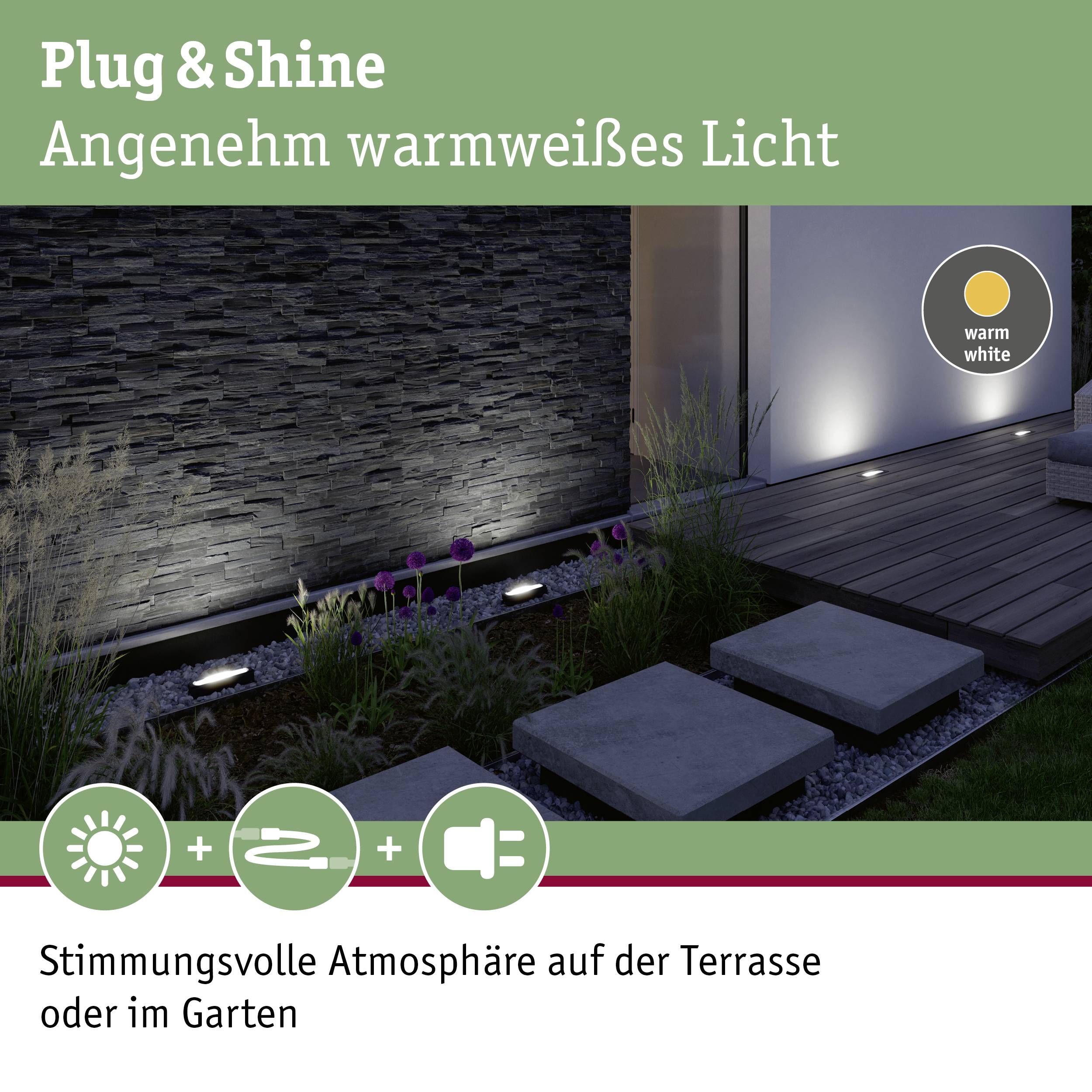 Plug & Shine oświetlenie ogrodowe tworzy przyjemne ciepłe, białe światło dla nastrojowych wieczorów na tarasie.