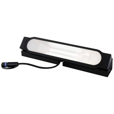 Prostokątna lampa LED w czarnej obudowie z podłączeniem przewodowym, przeznaczona do zastosowań przemysłowych lub instalacji oświetleniowych.