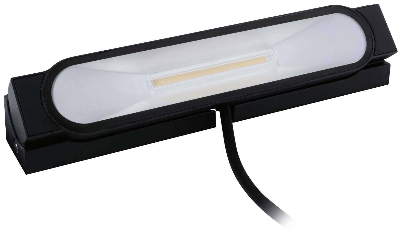 Czarna lampa LED z prostokątną obudową i białą osłoną. Z dolnej części wystaje przewód.