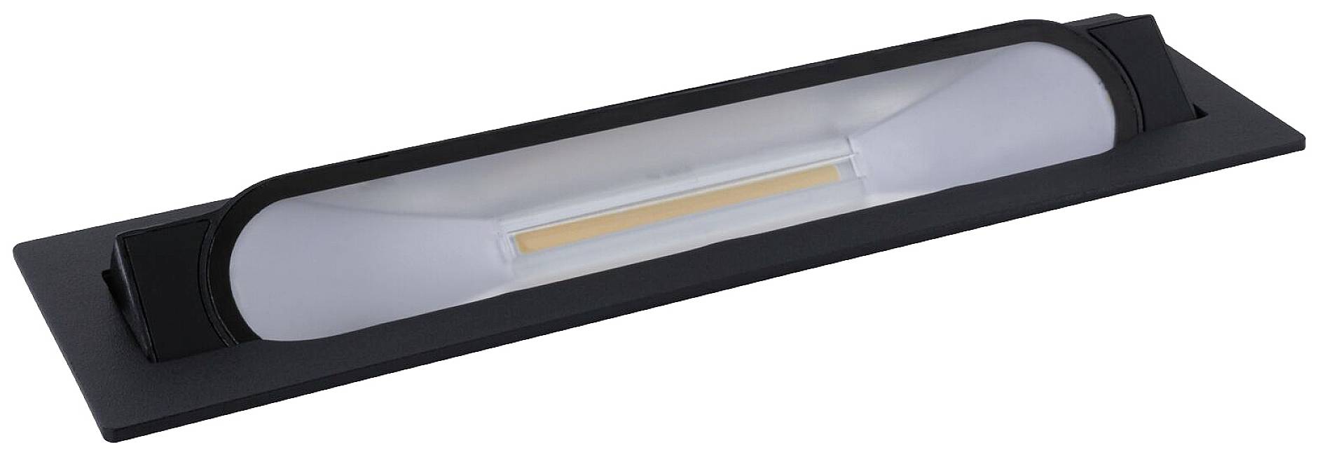 Prostokątna, czarna lampa LED z mleczną osłoną, przeznaczona do montażu w sufitach lub ścianach, o nowoczesnym i minimalistycznym designie.