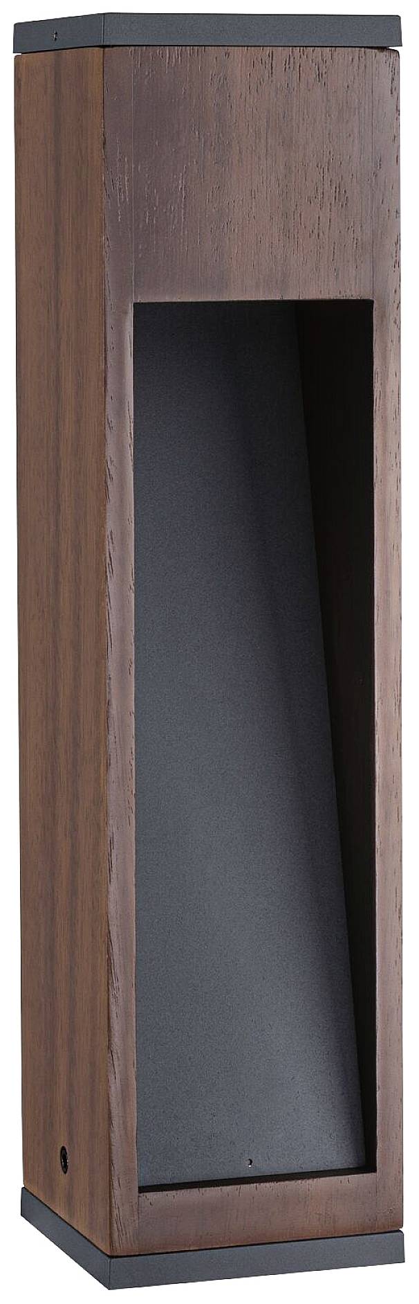 Drewniana, prostokątna lampa ścienna w kolorze naturalnego drewna z czarnym, nachylonym do wewnątrz reflektorem, rozpraszającym światło w górę i w dół.