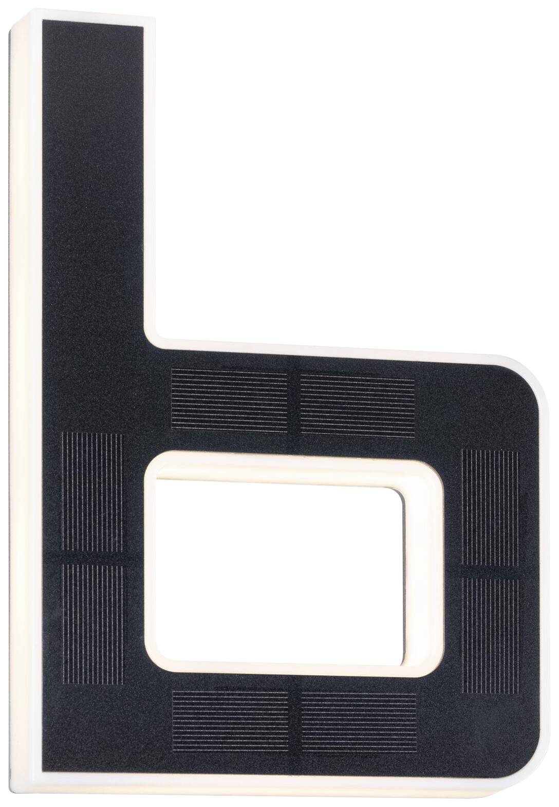 Stylizowana, czarna litera 'b' świeci na białym tle. Jej kształt przypomina dekoracyjny element lub lampę.