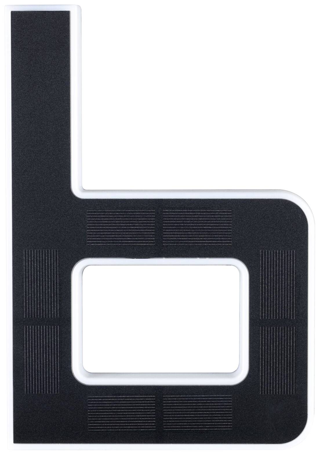 Czarno-biała tabliczka w kształcie stylizowanej, prostokątnej litery „b".