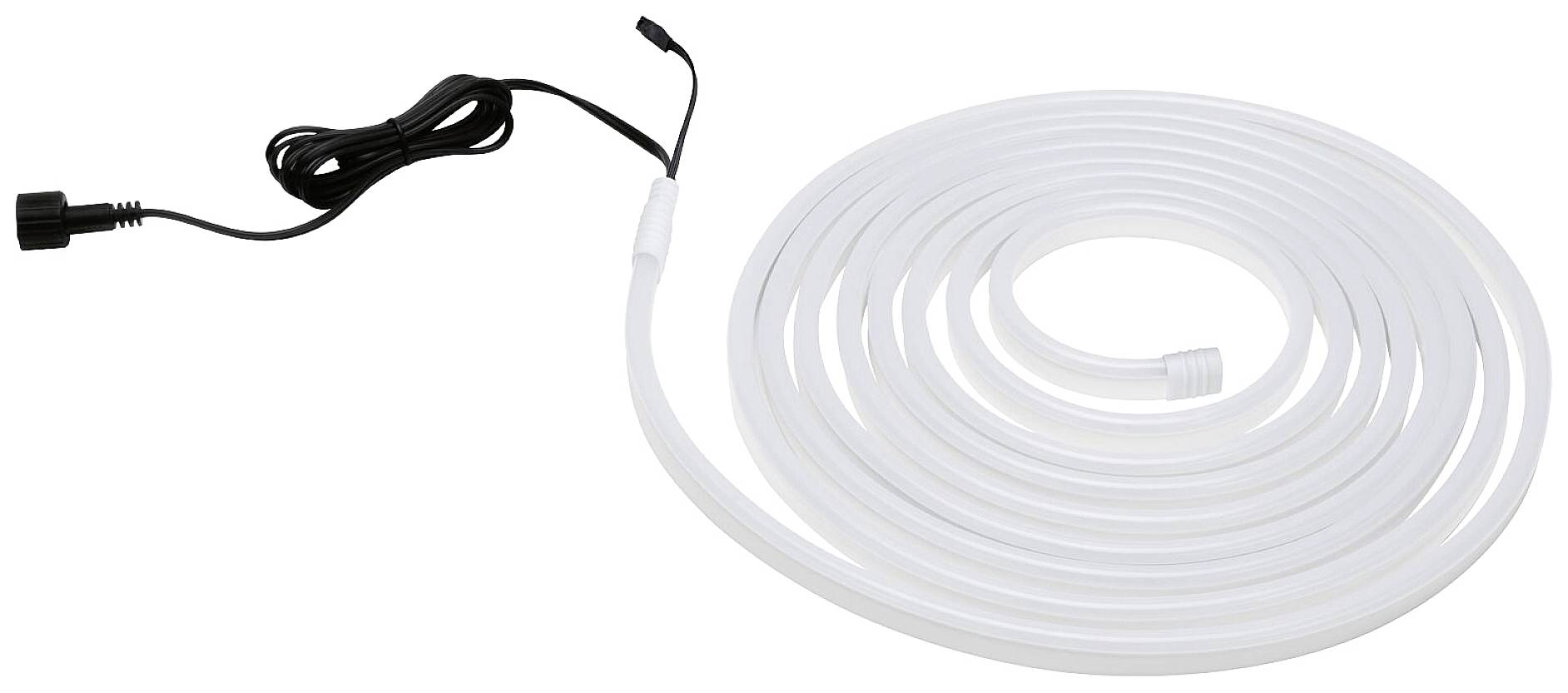 Biała elastyczna listwa LED, zwinięta obok czarnego przewodu zasilającego.