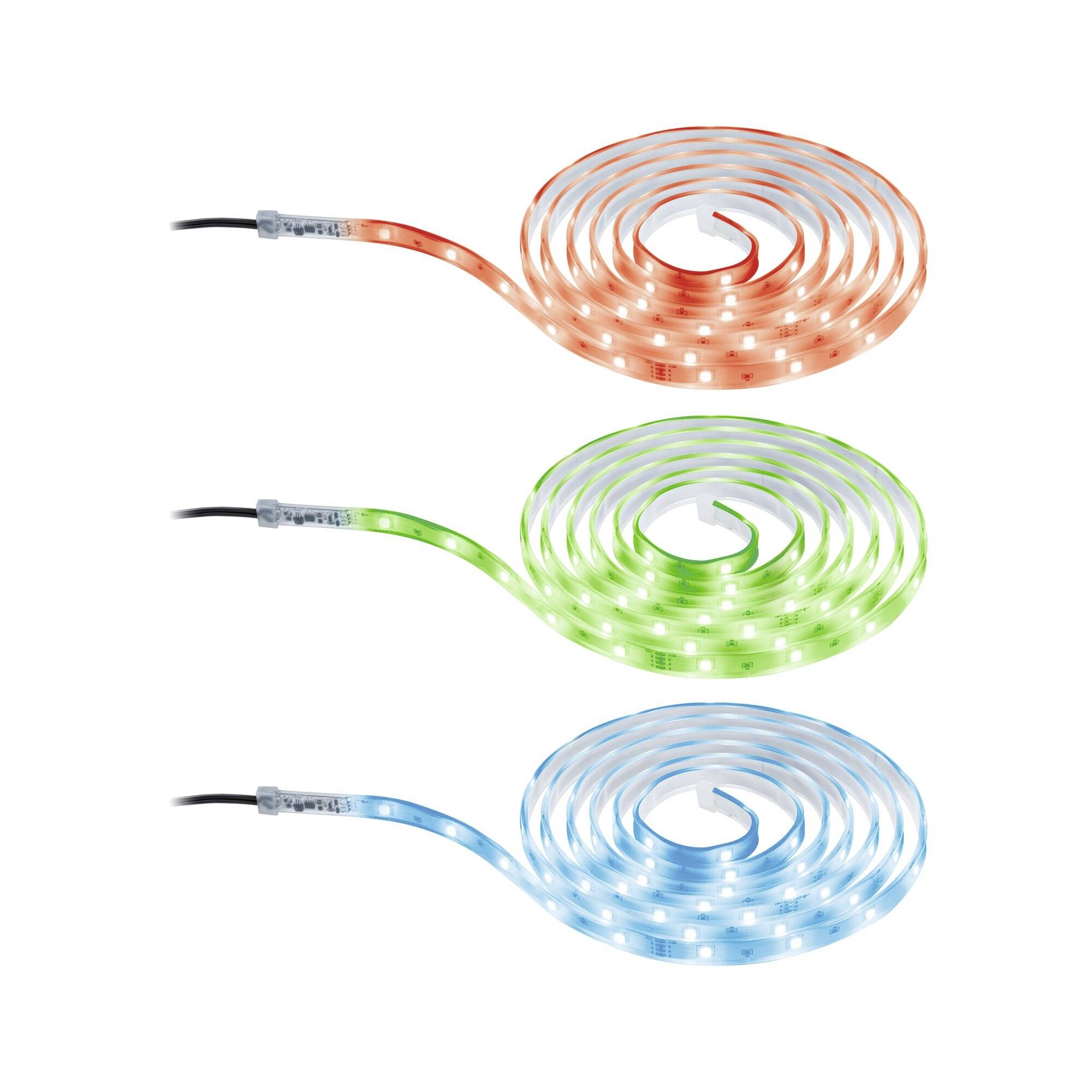 Trzy spiralne paski LED w kolorach czerwonym, zielonym i niebieskim, każdy z przewodem przyłączeniowym po lewej stronie.