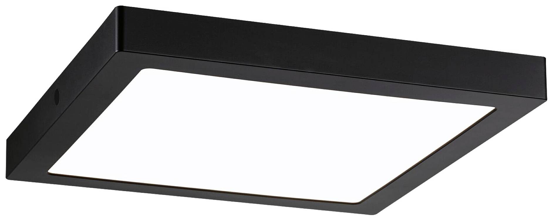 Czarna prostokątna lampa sufitowa z białym, świecącym panelem pośrodku. Nowoczesny, minimalistyczny design.