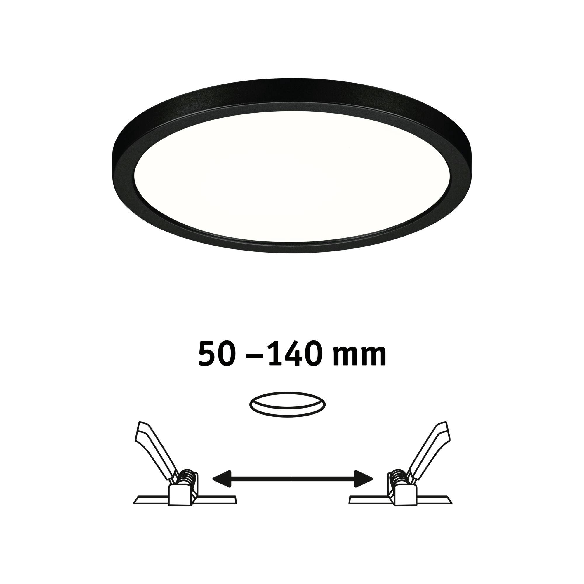 Okrągła, czarna lampa sufitowa z elastycznym zakresem mocowania wynoszącym 50-140 mm. Poniżej przedstawiono szkic instalacji.
