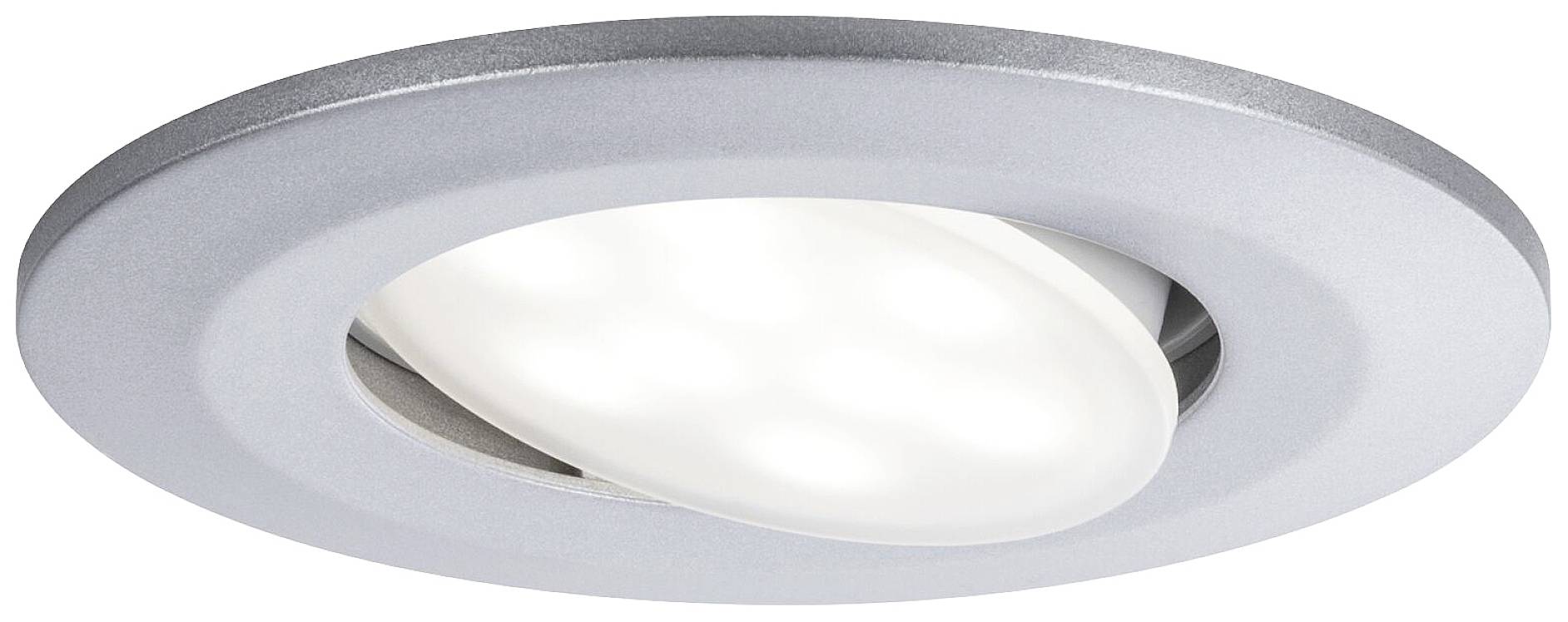 Lampa sufitowa w srebrnej oprawie z okrągłym, świecącym światłem LED pośrodku.