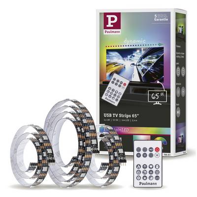 Opakowanie pasków LED do telewizora z pilotem zdalnego sterowania. Nadruk: 'Paski USB TV 65"'. Widoczne są elastyczne paski LED.