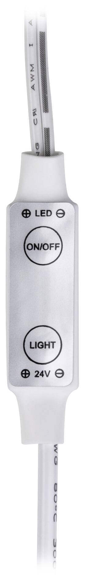 Wąski, biały przełącznik z trzema okrągłymi przyciskami oznaczonymi napisami 'LED', 'ON/OFF' i 'LIGHT', zamocowany na białym przewodzie.