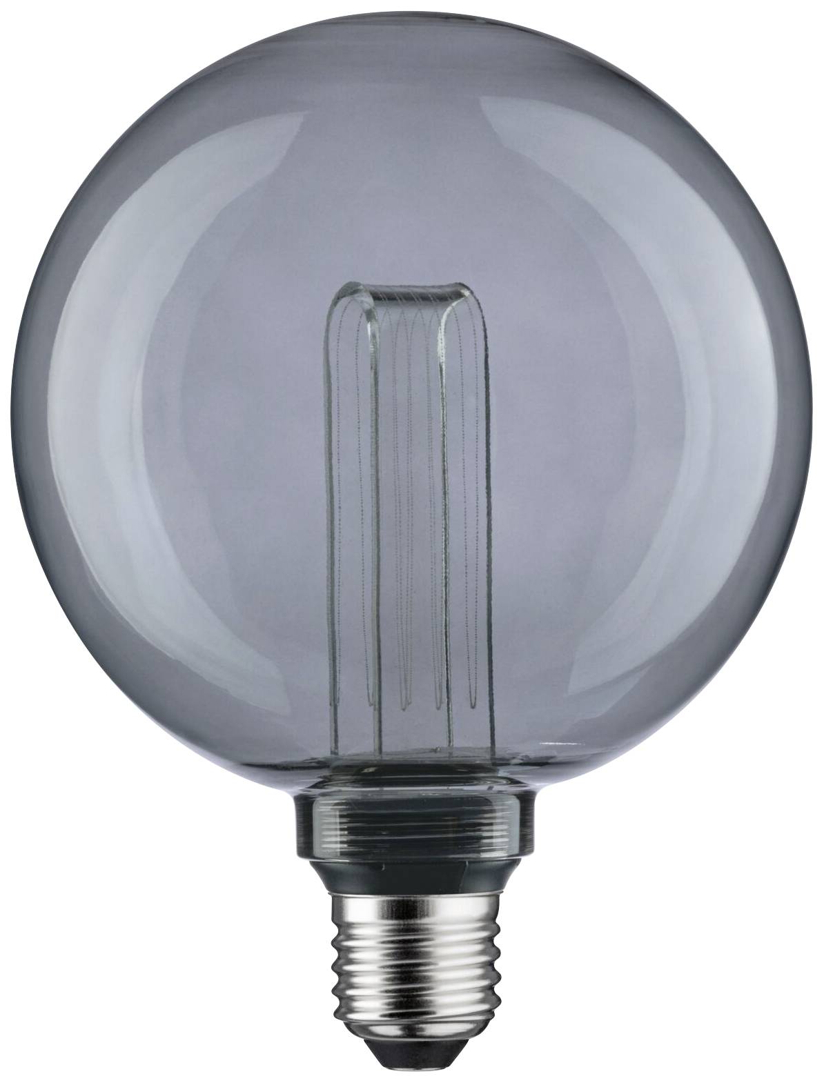 Duża żarówka z widocznym włóknem LED w przezroczystej szklanej bańce, przedstawiona na białym tle.