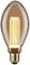 Świecąca żarówka z widoczną żarówką w kształcie kropli, z oprawką w kolorze złotym.