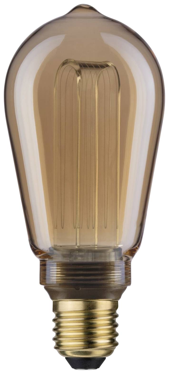 Brązowa żarówka w stylu retro z widocznymi włóknami, typowy design do zastosowań dekoracyjnych.