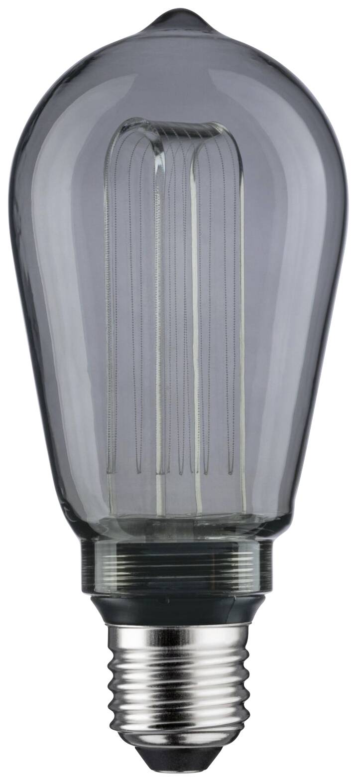 Retro żarówka z przezroczystą szklaną obudową, ukazująca świecący drut w stylu Edisona. Posiada oprawkę E27 i srebrny cokół.