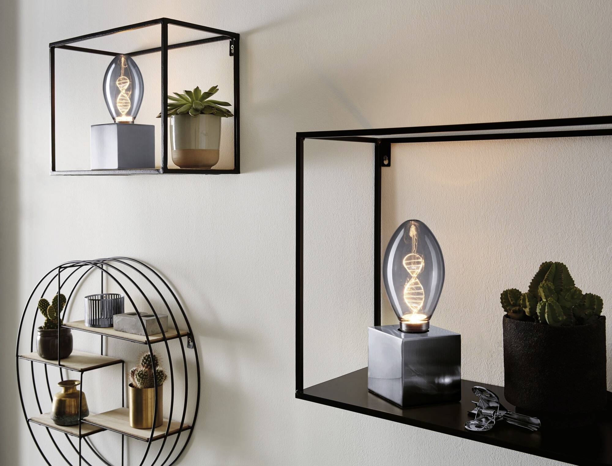 Czarne półki ścienne z małymi doniczkowymi roślinami oraz stylizowanymi lampami w kształcie żarówek, przedstawiającymi struktury DNA.