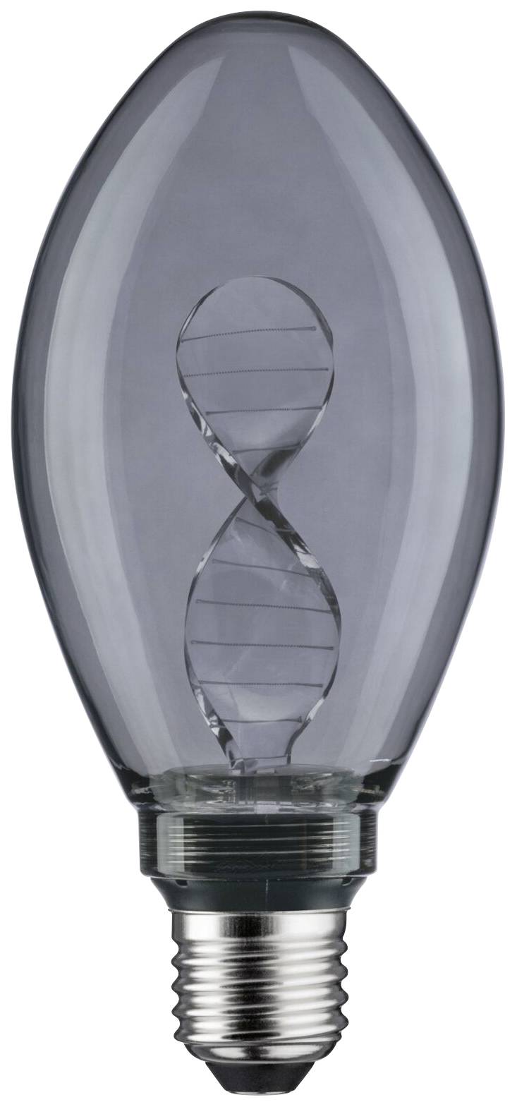 Przezroczyście oszklona żarówka z gwintem E27, z widocznym spiralnym włóknem, odpowiednia do dekoracyjnych opraw oświetleniowych.