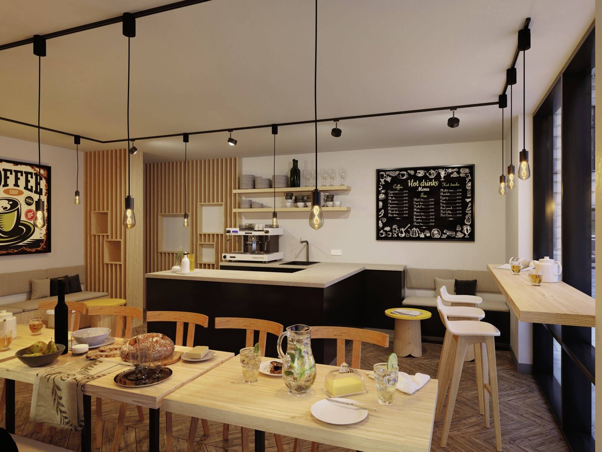 Przytulne wnętrze kawiarni z drewnianymi stolikami zastawionymi przyborami śniadaniowymi. Ekspres do kawy w tle, na ścianie tablica z napisem 'Menu dnia'.