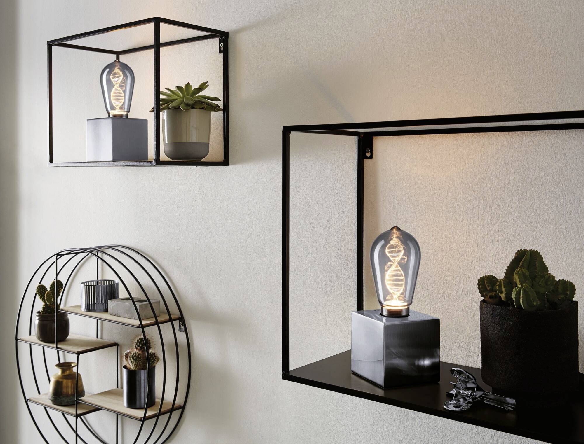 Półki ścienne z dekoracyjnymi lampami i roślinami. Lampy posiadają żarówki z widocznymi włóknami, przypominającymi geometryczne kształty.