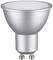 Srebrna żarówka LED z gniazdem GU10, odpowiednia do oświetlenia sufitowego i reflektorowego. Energooszczędna i trwała.