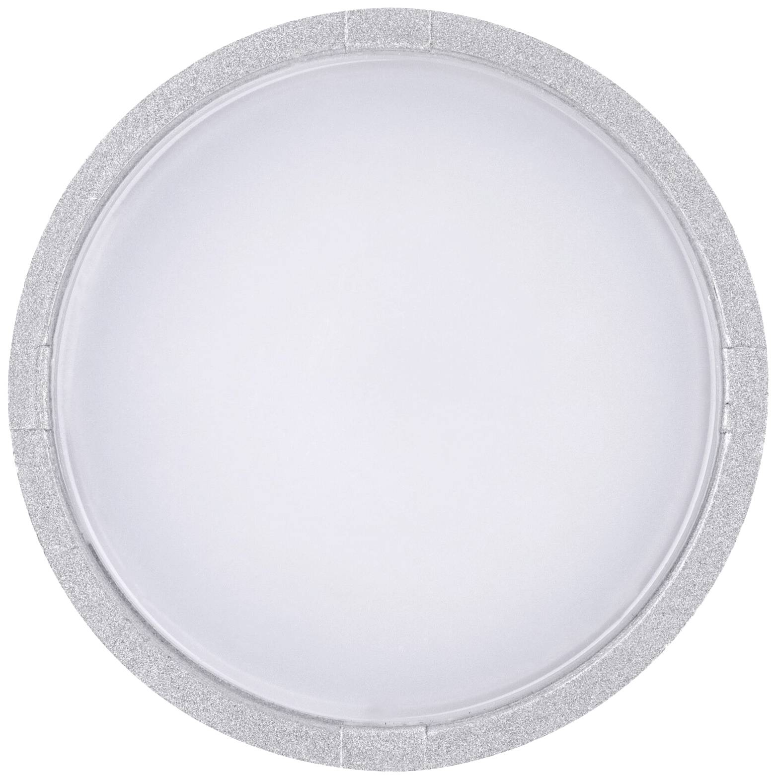 Okrągła lampa sufitowa LED z srebrną ramką, emitująca białe światło. Odpowiednia do oświetlenia wnętrz.