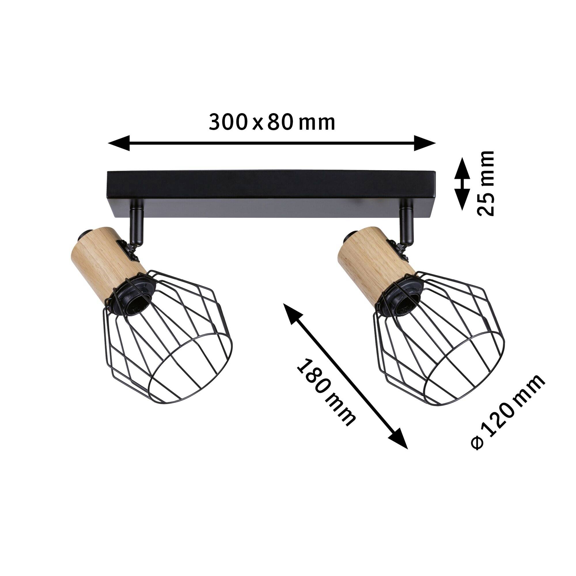 Czarna lampa sufitowa z dwoma regulowanymi lampami w kształcie klatek, wykonanymi z drewna i metalu. Wymiary: 300x80 mm, lampy: długość 180 mm, średnica 120 mm.