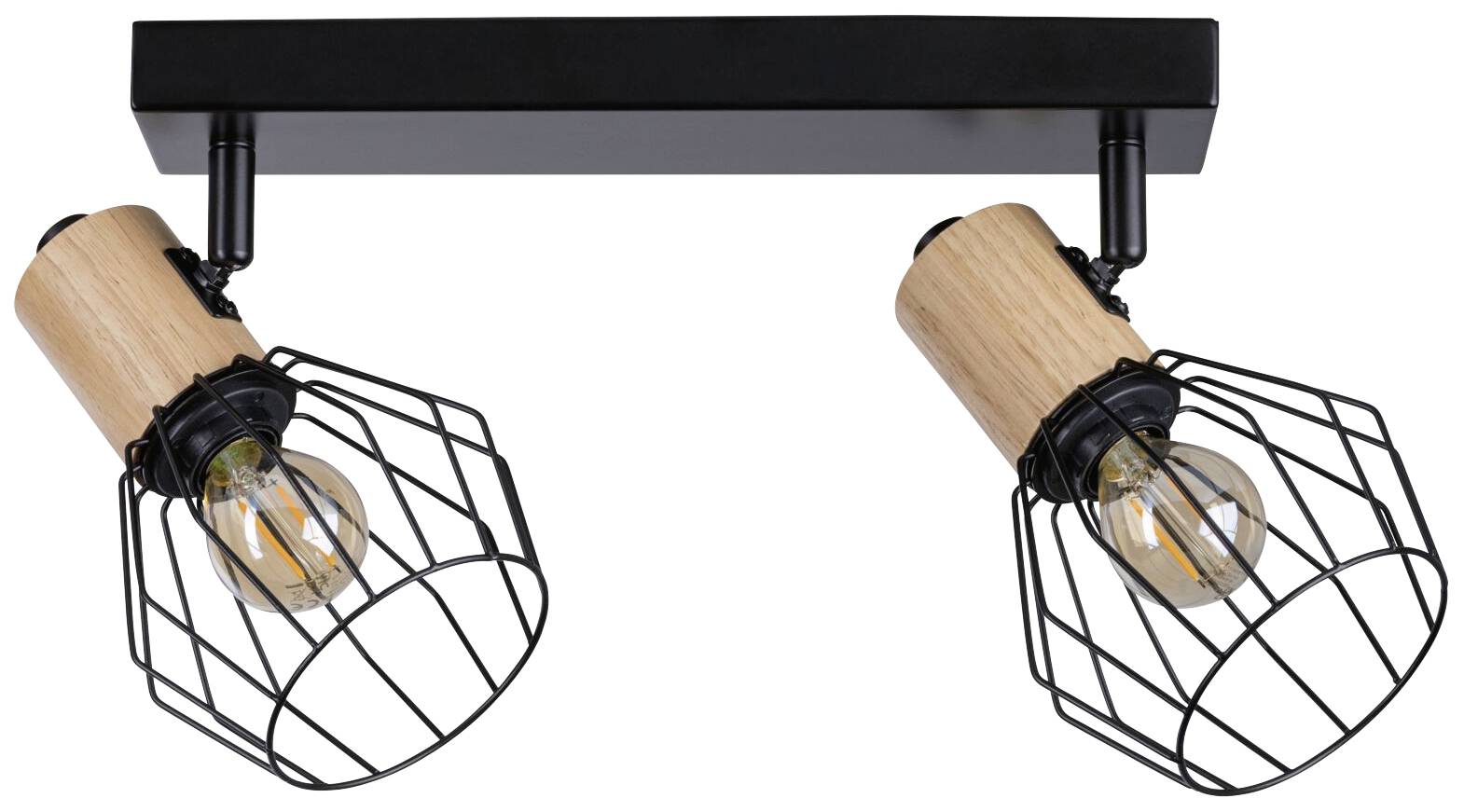 Dwupłomienna lampa sufitowa z czarną ramą i drewnianymi elementami. Dwa regulowane klosze z siatki drucianej z widocznymi żarówkami.