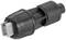 Czarny, cylindryczny złącznik plastikowy o żebrowanej strukturze. Stosowany do łączenia rur lub przewodów.