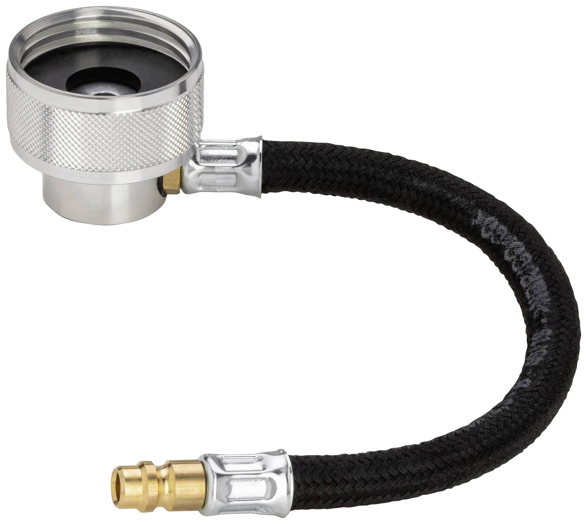 Elastyczny odcinek węża z metalowymi złączkami na obu końcach. Po lewej stronie szeroki, żebrowany złącz, po prawej stronie złącze w kolorze złotym.