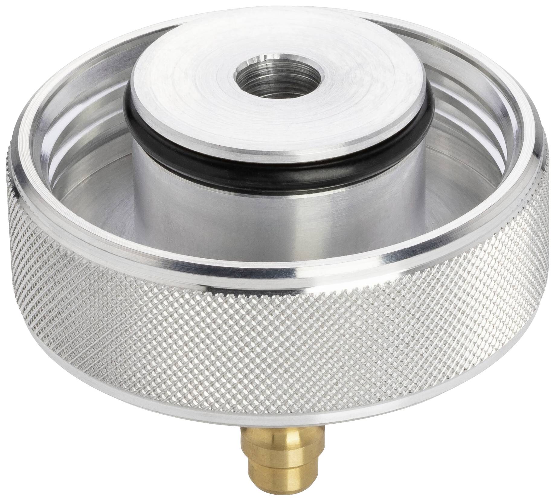 Metalowy adapter z rowkowanym uchwytem i uszczelką gumową, odpowiedni do połączenia śrubowego.