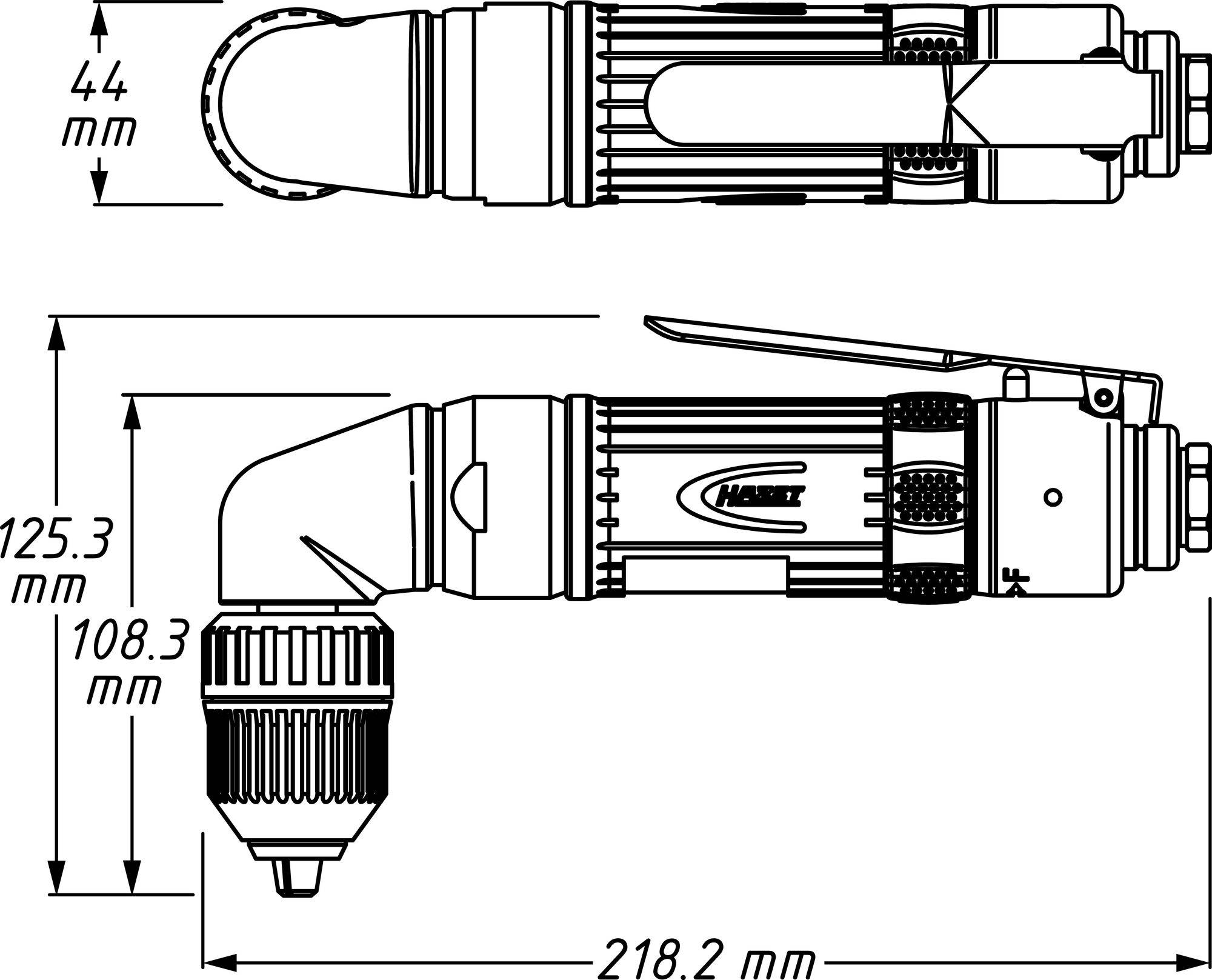 Rysunek techniczny wkrętarki kątowej z wymiarami: długość 218,2 mm, szerokość 44 mm, wysokość 108,3 mm, trzpień 125,3 mm.