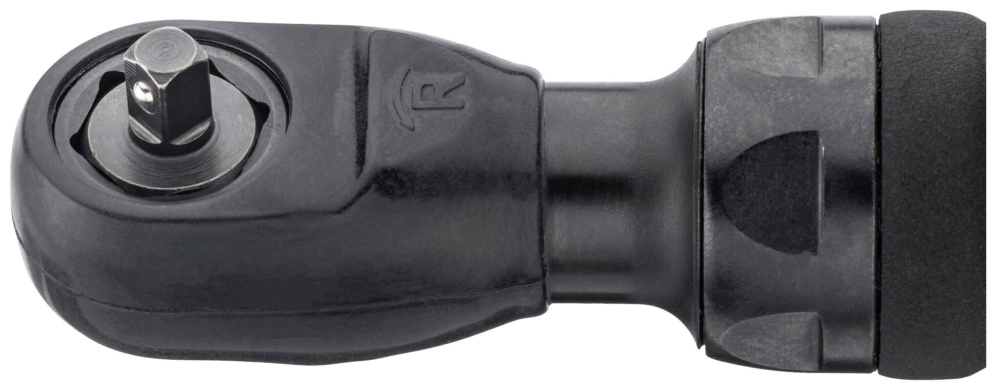 Czarna metalowa tuleja z obrotową głowicą kulistą i krótkim trzpieniem, z logo R. Stosowana w zastosowaniach mechanicznych do ruchu obrotowego.