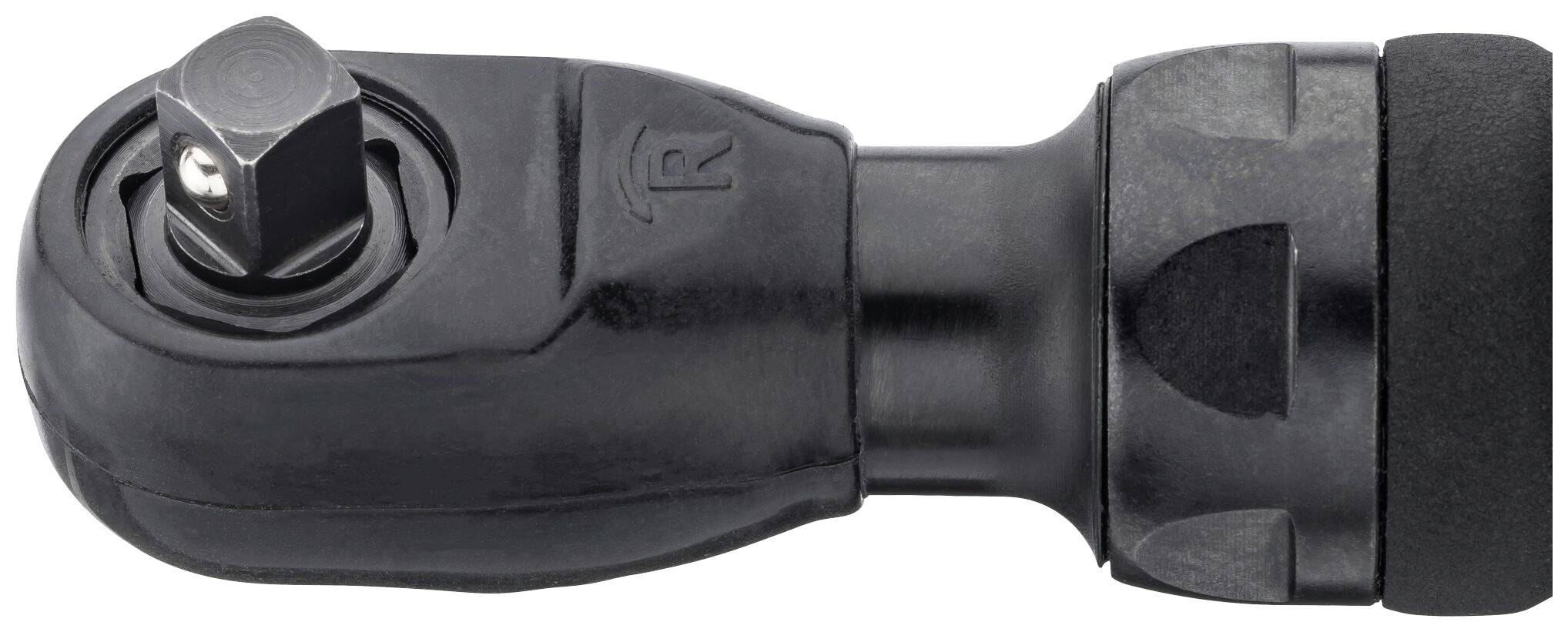 Zagięty adapter nasadki z czarną obudową i metalową główką, przeznaczony do klucza dynamometrycznego lub grzechotki.