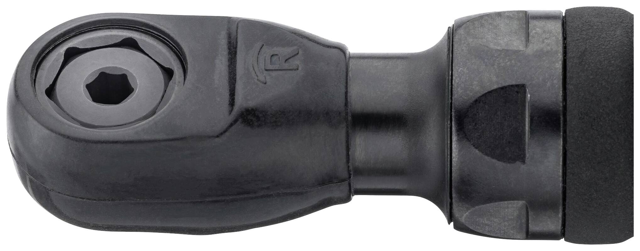 Czarny nasadowy klucz grzechotkowy z okrągłą rękojeścią, prawdopodobnie element narzędzia.