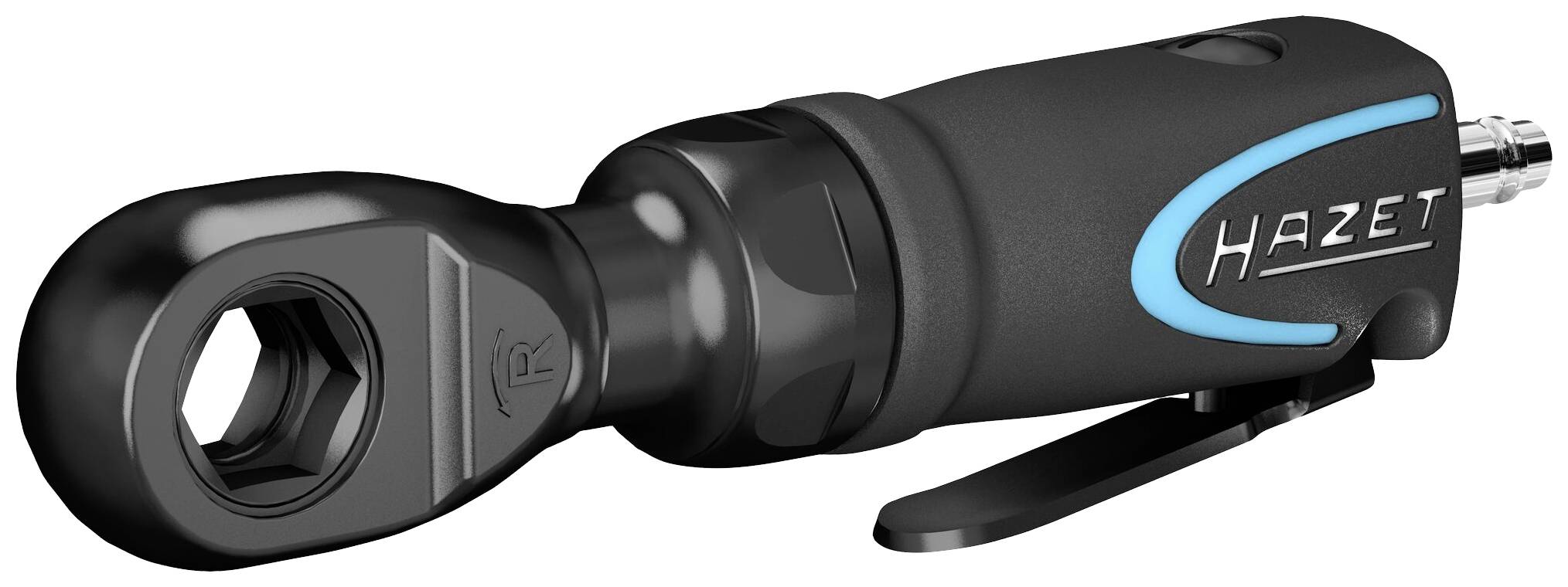 Pneumatyczny klucz zapadkowy Hazet, głównie w kolorze czarnym z niebieskimi akcentami, przeznaczony do profesjonalnego użytku podczas prac ślusarskich.
