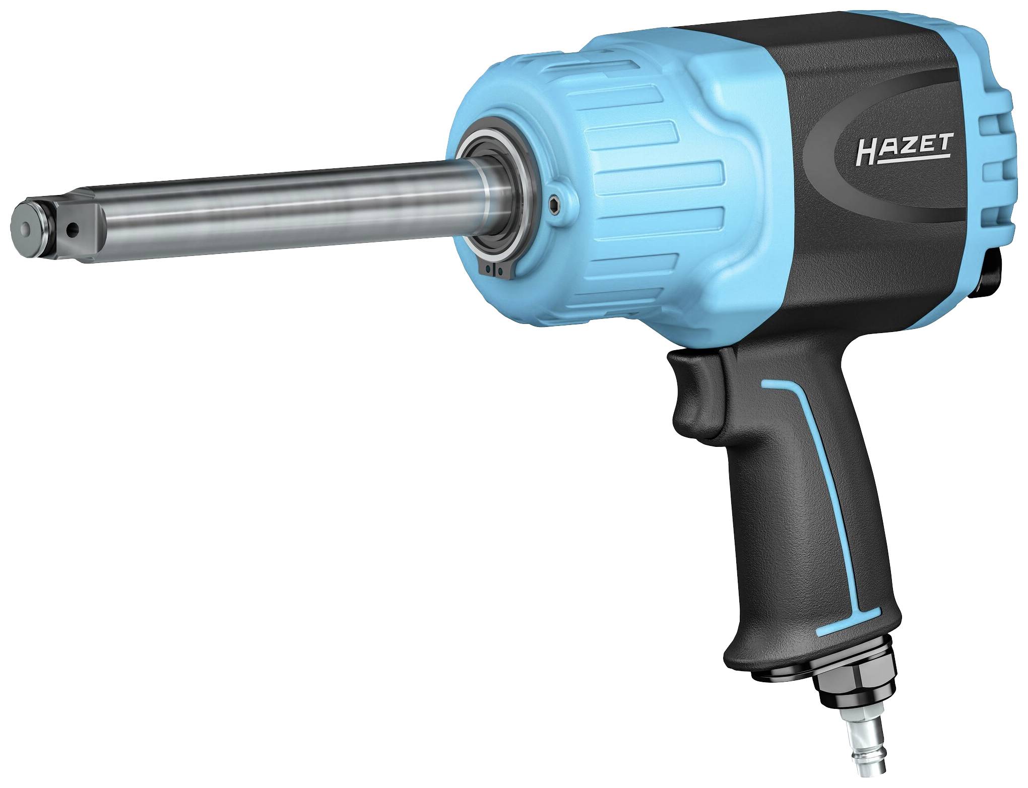 Pneumatyczny klucz udarowy w kolorze niebieskim i czarnym. Odpowiedni do odkręcania zakręconych śrub o wysokim momencie obrotowym. Oznaczony logo 'HAZET'.
